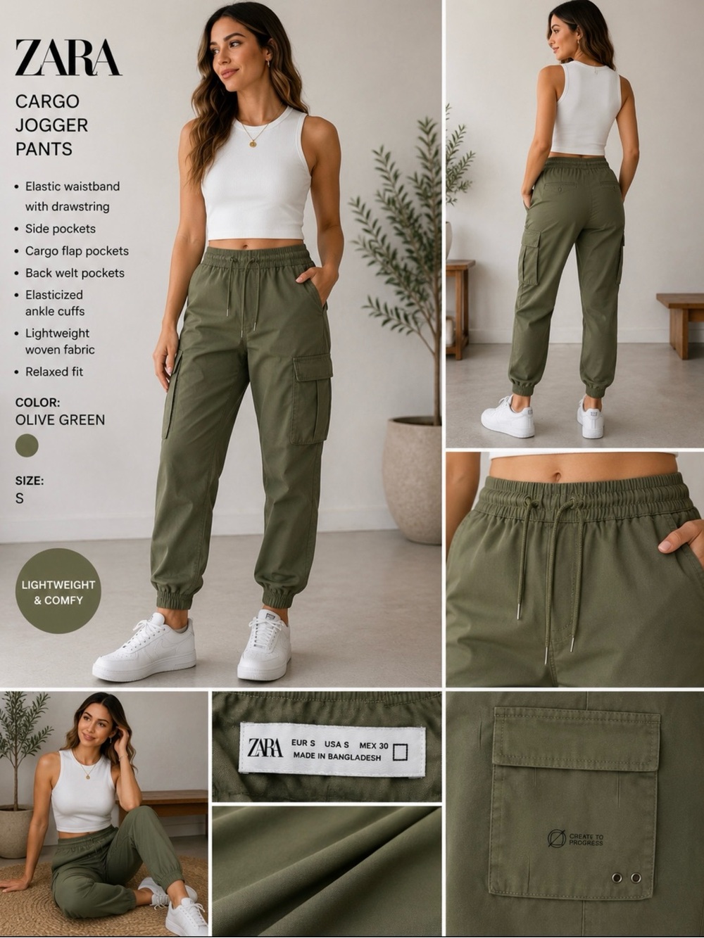 ZARA Women’s Olive Green Cargo Jogger Pants Drawstring Utility Size S